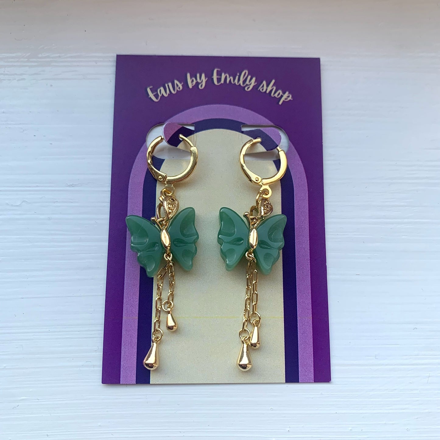 Green butterfly gold plated hoop earrings