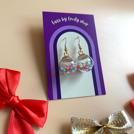 Festive rainbow confetti Christmas bauble gold earrings