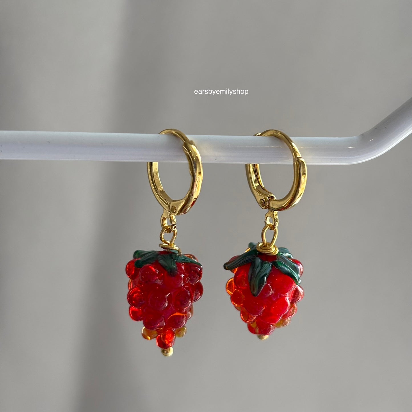 18k gold plated huggie hoop earrings with dangle glass work red and green raspberries