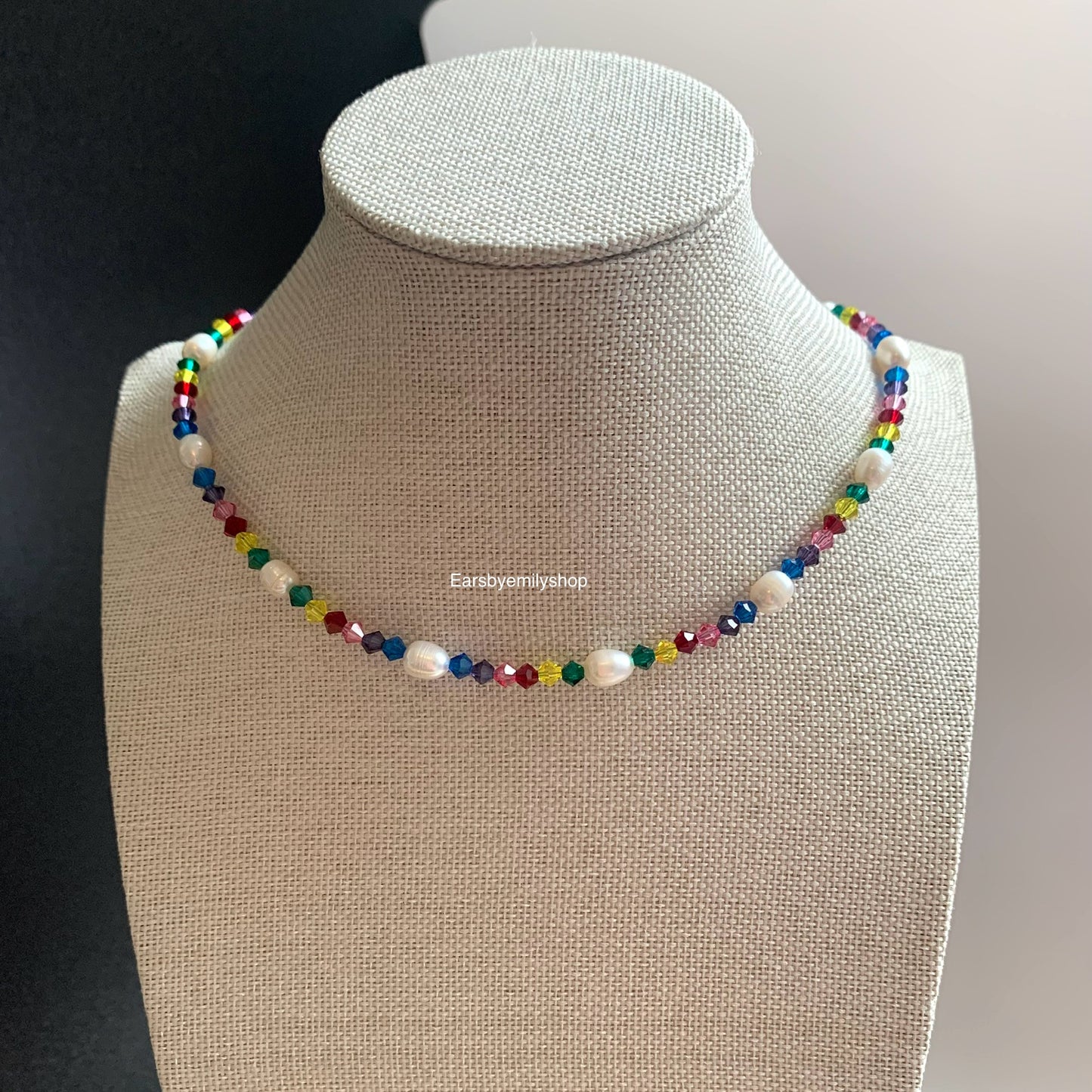 Rainbow crystal beaded freshwater pearl 24kt gold plated necklace