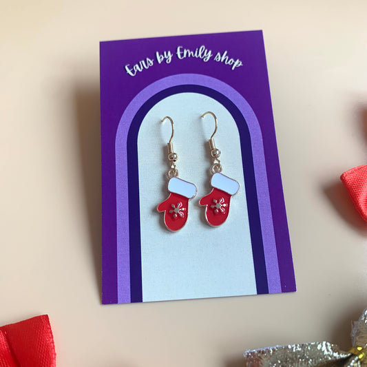 Red mitten Christmas gold earrings