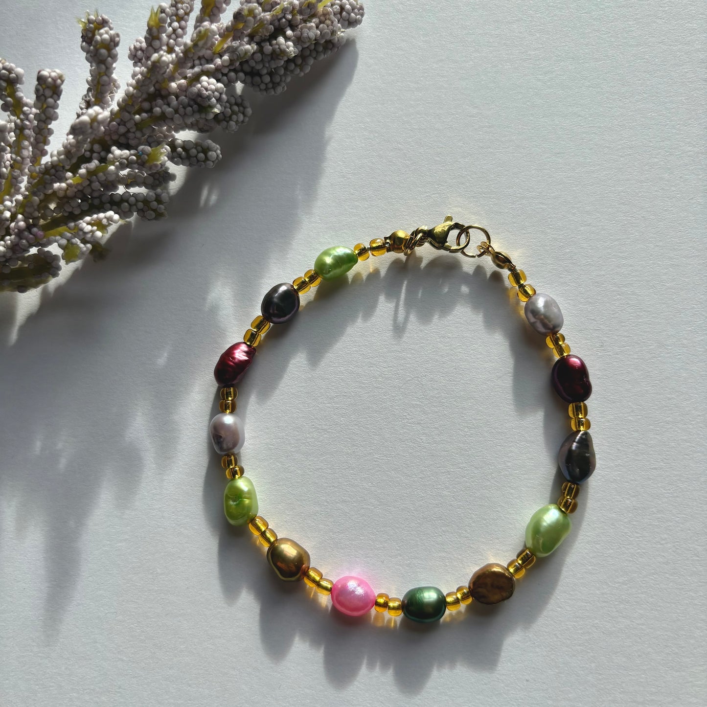 The Nerida bracelet - colourful fresh water pearls handmade beaded gold plated