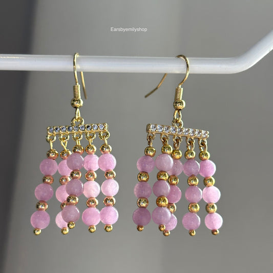 Cool statement pink and diamanté bead dangle gold plated earrings