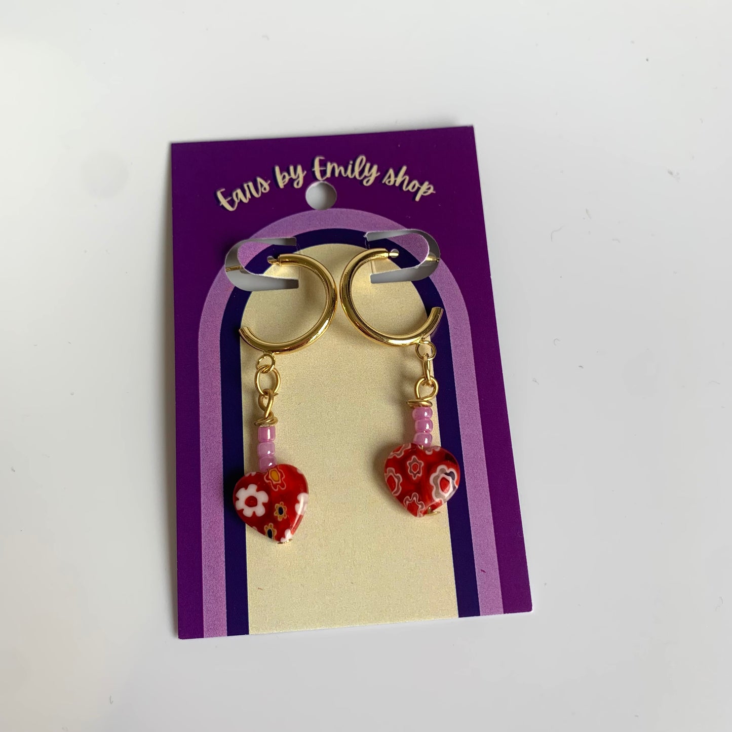 Cool gold handmade pink and red heart studs hoop earrings