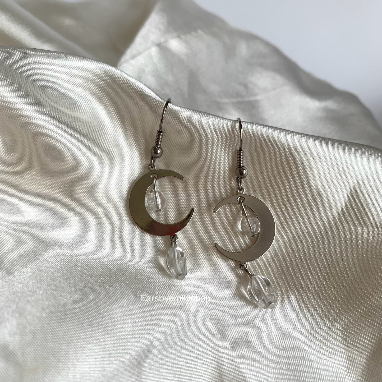 Cool silver moon with clear glass bead dangle hypoallergenic earrings