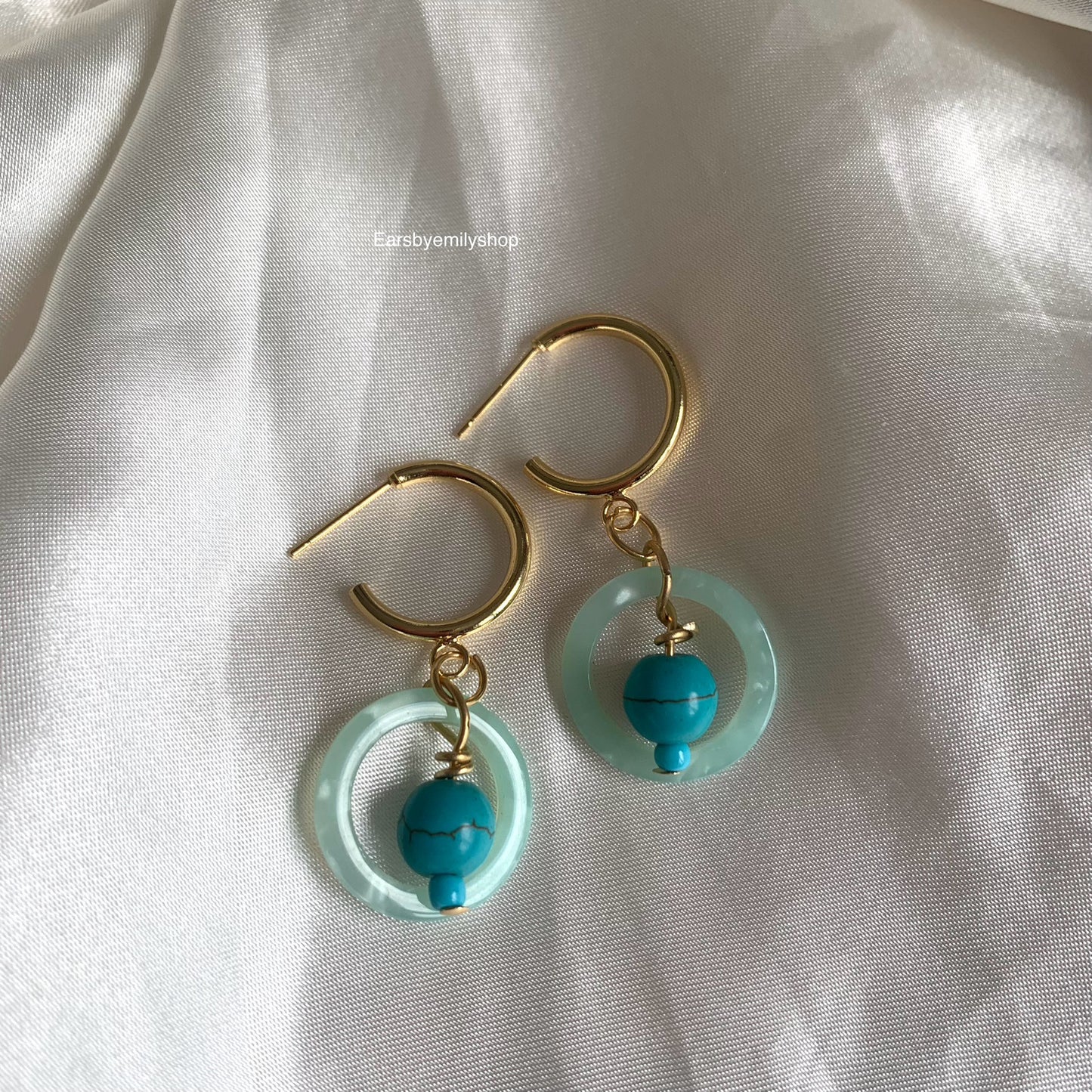 Cool gold handmade blue circle and bead studs hoop earrings