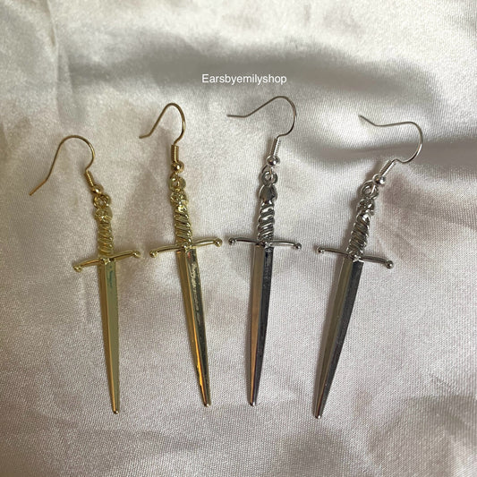 Silver or gold sword dangle earrings