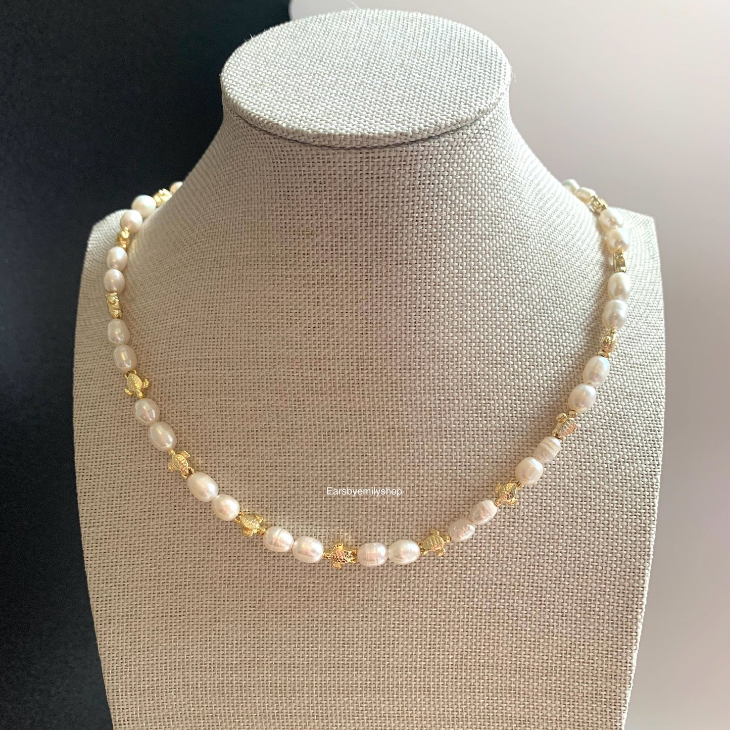 Freshwater pearl and 24kt gold plated turtle necklace