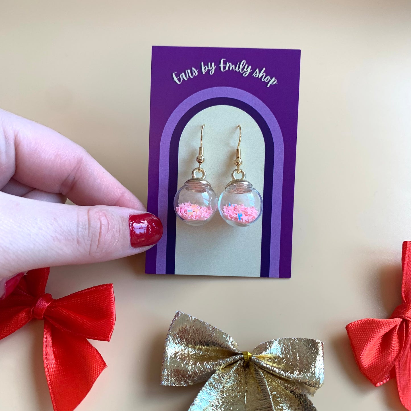 Festive pink Christmas bauble gold earrings