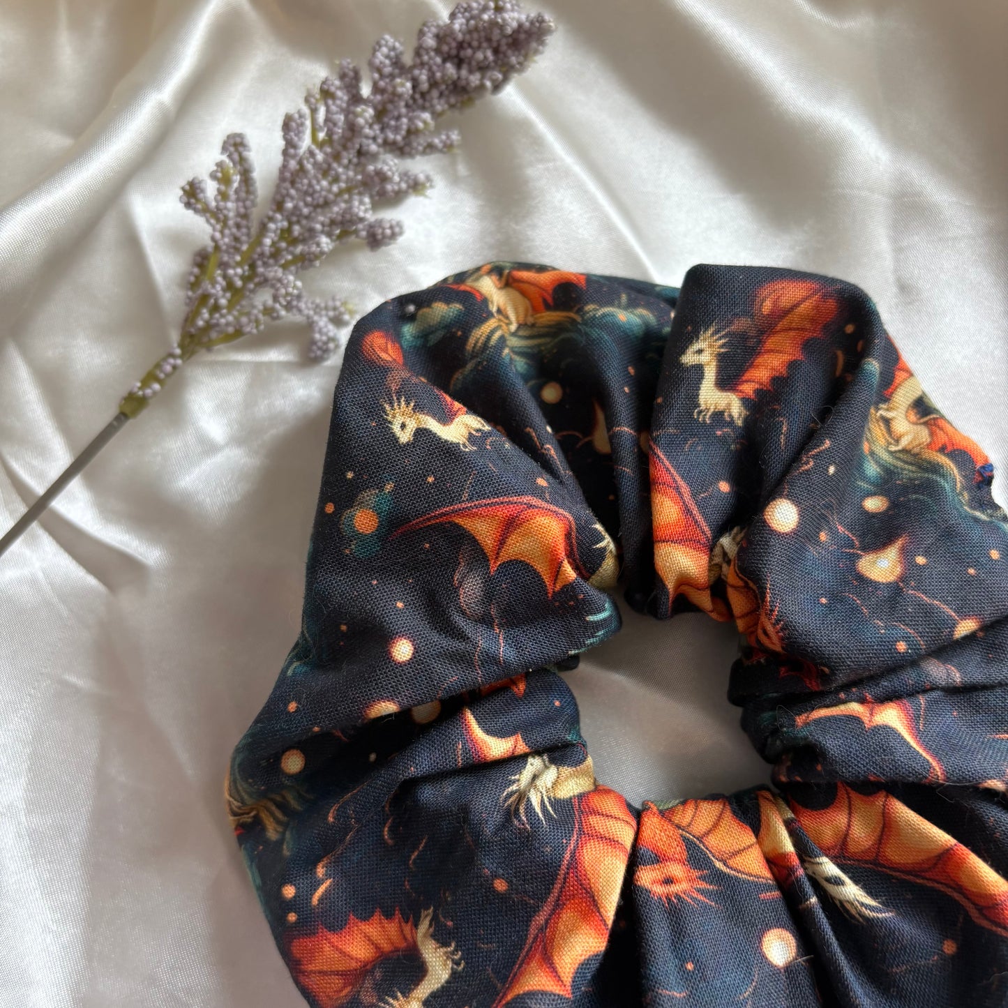 Big handmade fantasy book inspired dragon navy and orange scrunchie