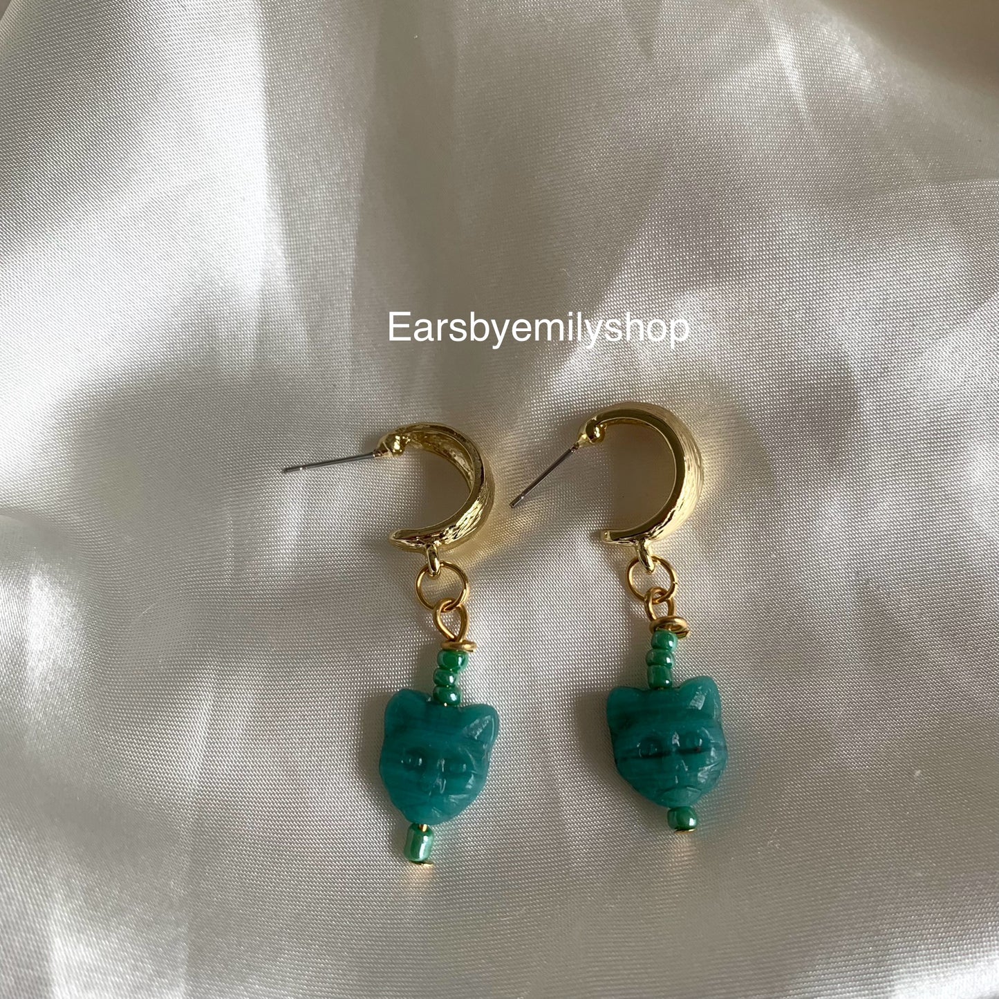 Gold plated green cat handmade drop dangle earrings