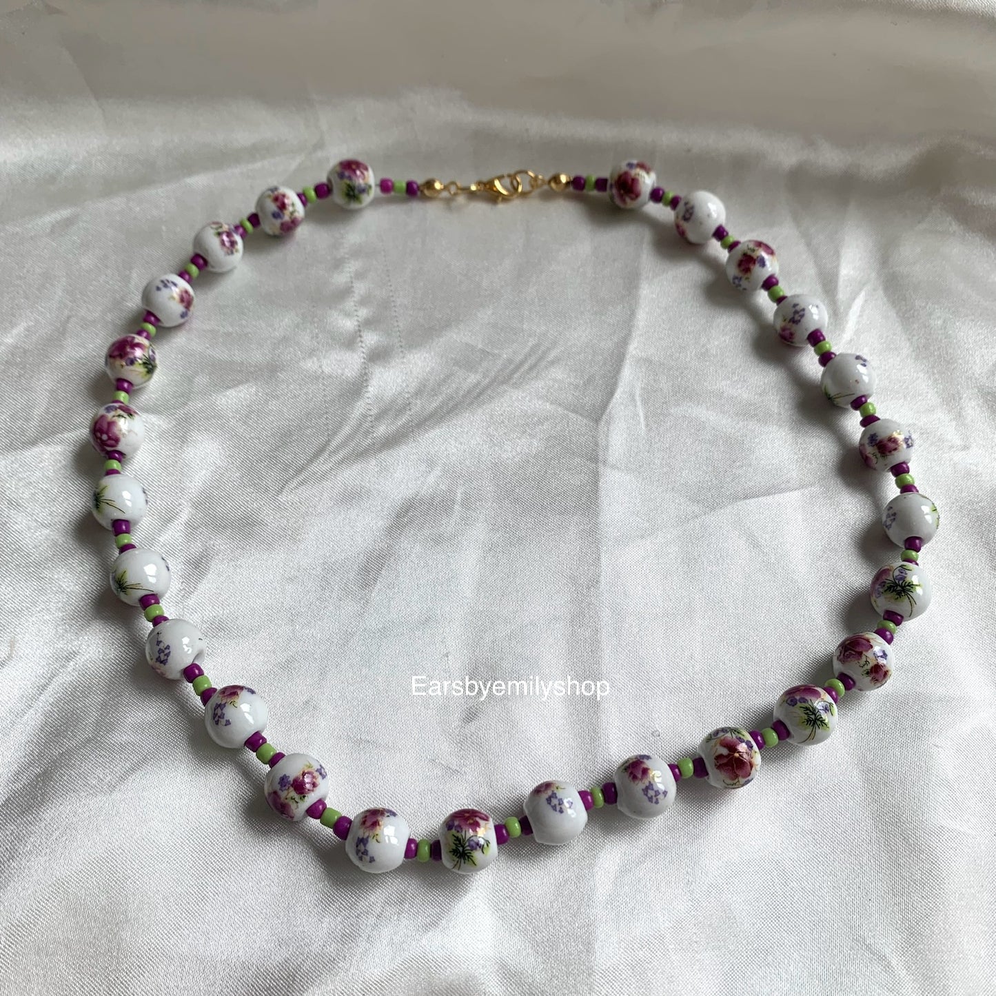 Purple, green and white ceramic beaded 24kt gold plated necklace