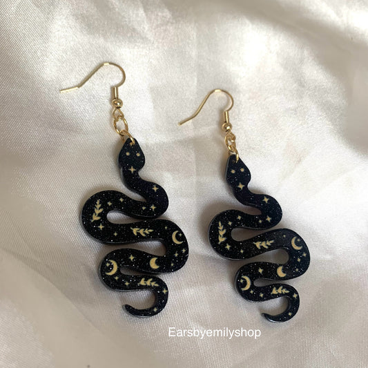 Black sparkle glitter snake earrings gold plated