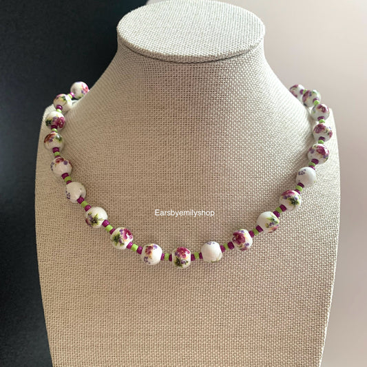 Purple, green and white ceramic beaded 24kt gold plated necklace