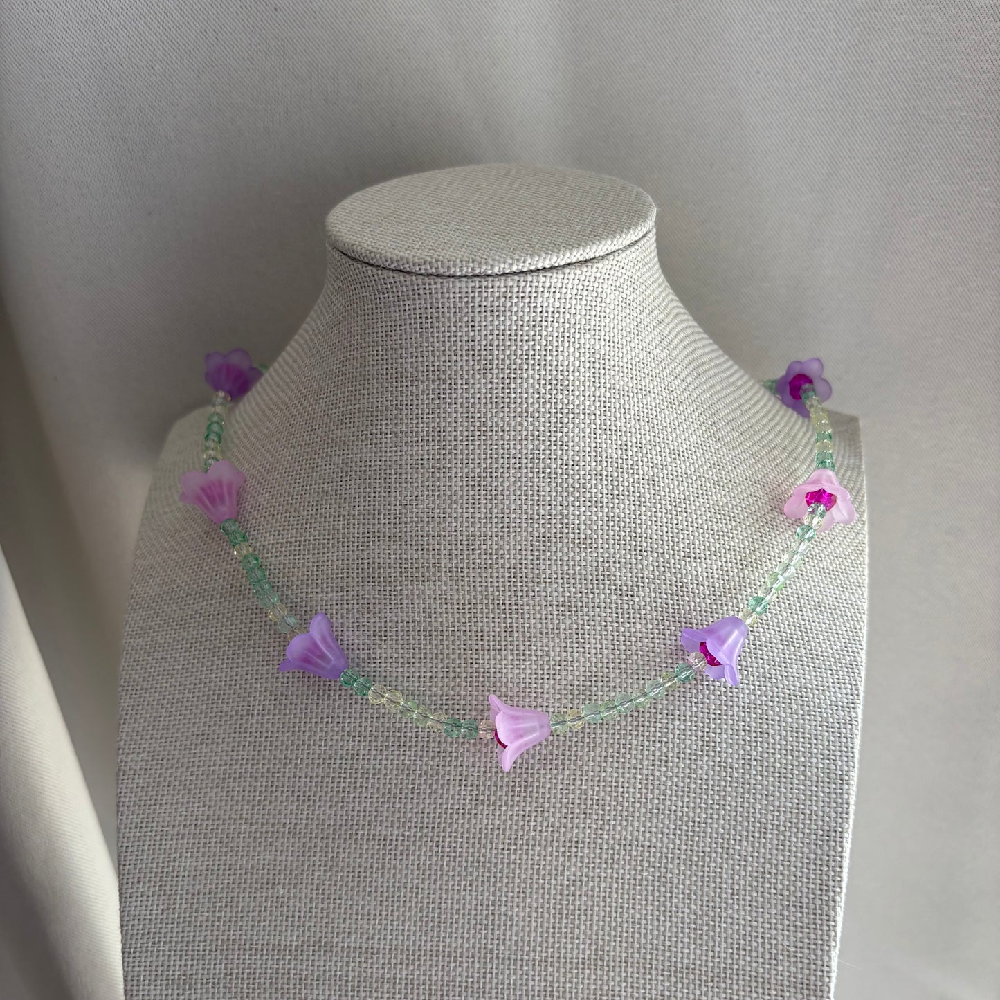 Handmade beaded pink purple and green flower choker necklace