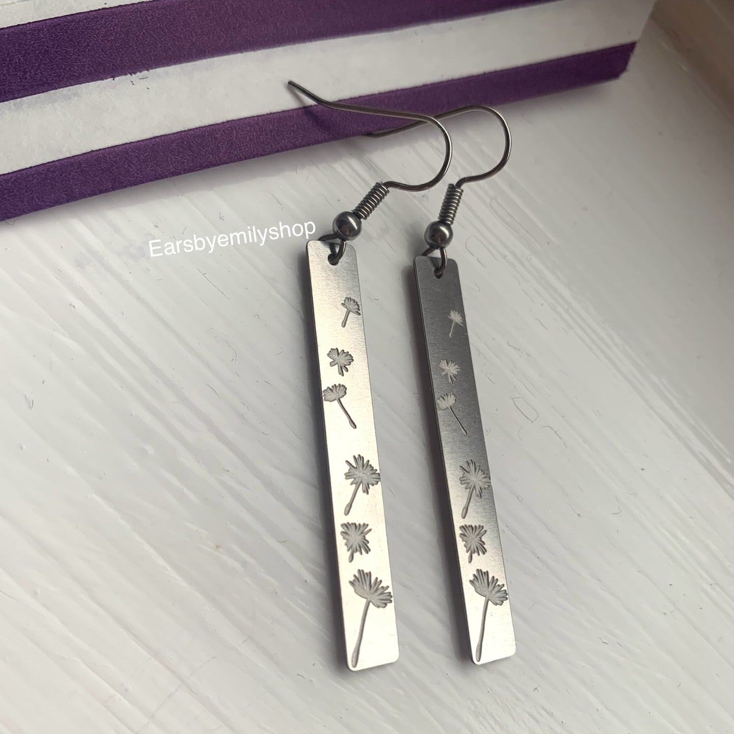 Stainless steel  rectangle with dandelion dangle earrings