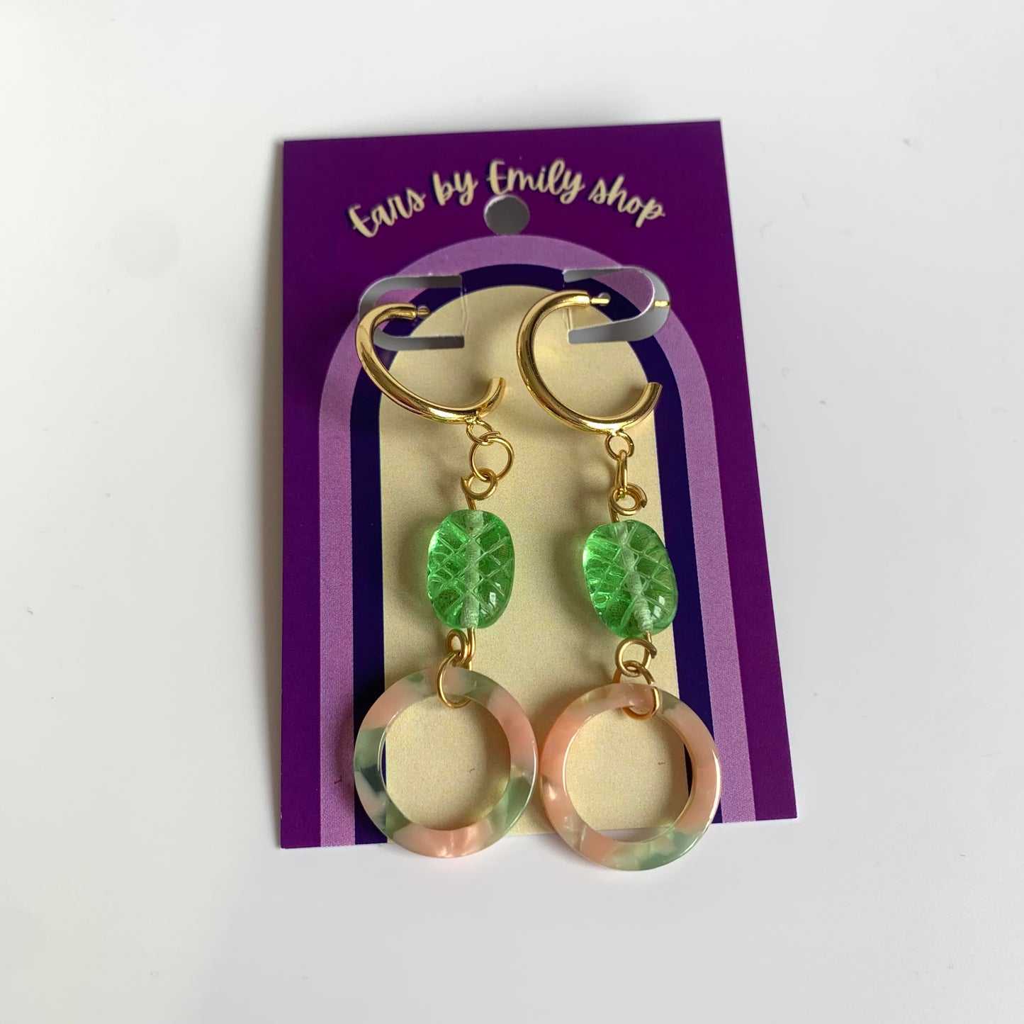 Cool gold handmade pink and green circle with green bead studs hoop earrings