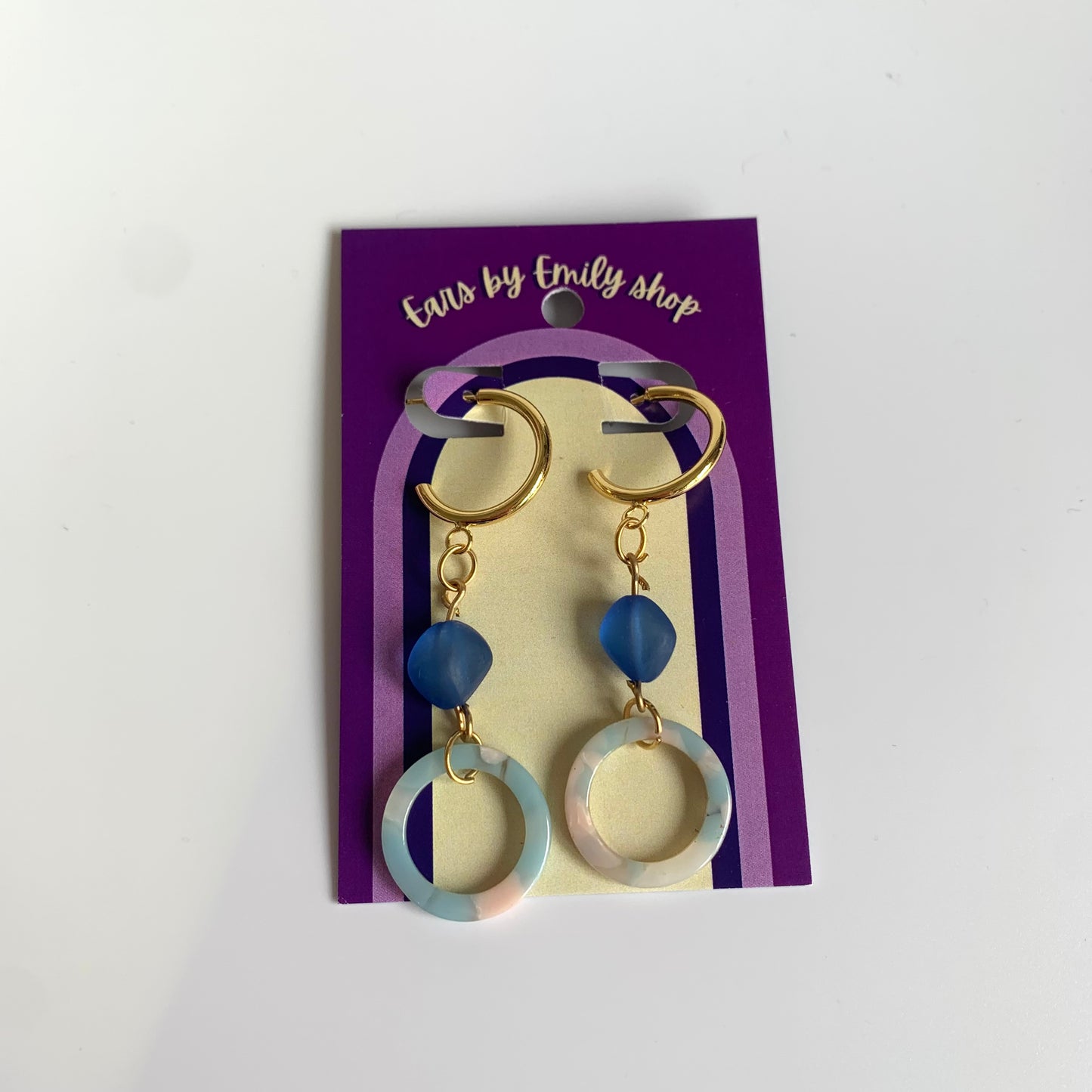 Cool gold handmade blue and pink circle and blue bead studs hoop earrings