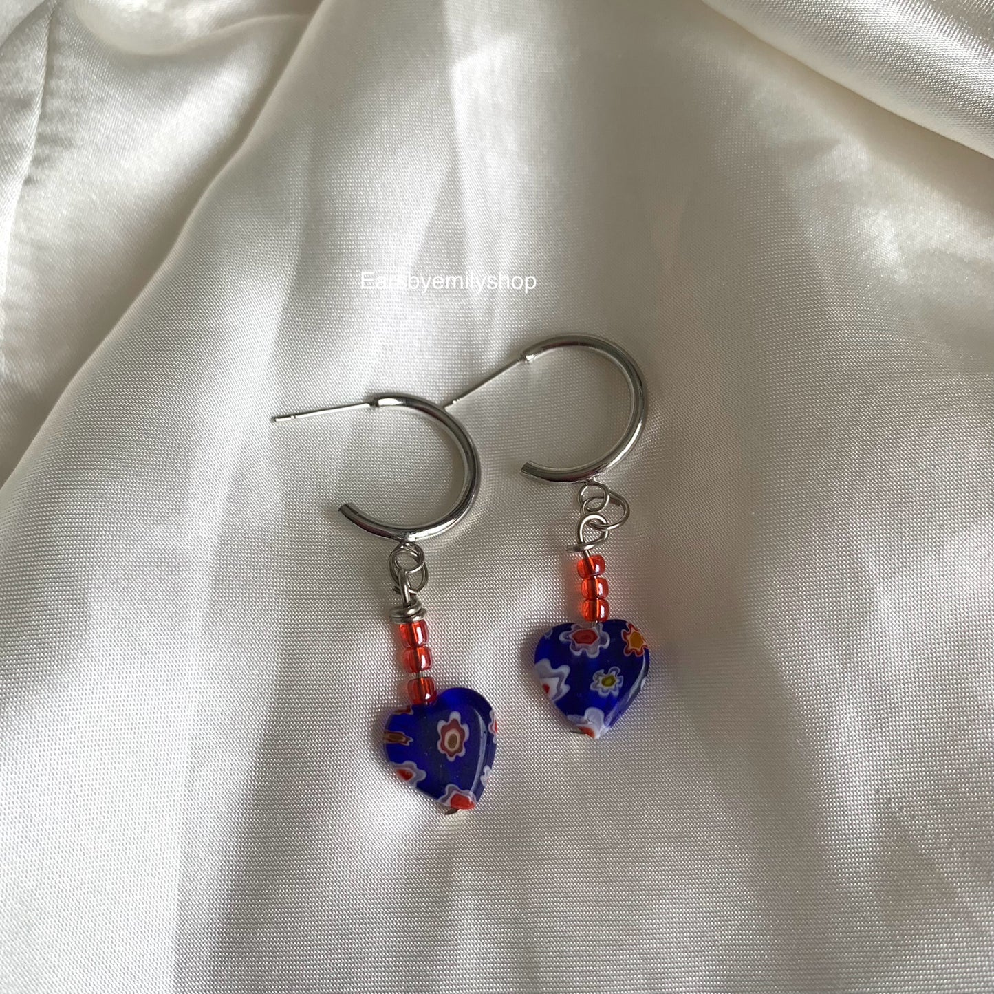 Cool silver handmade blue and red heart studs hoop earrings