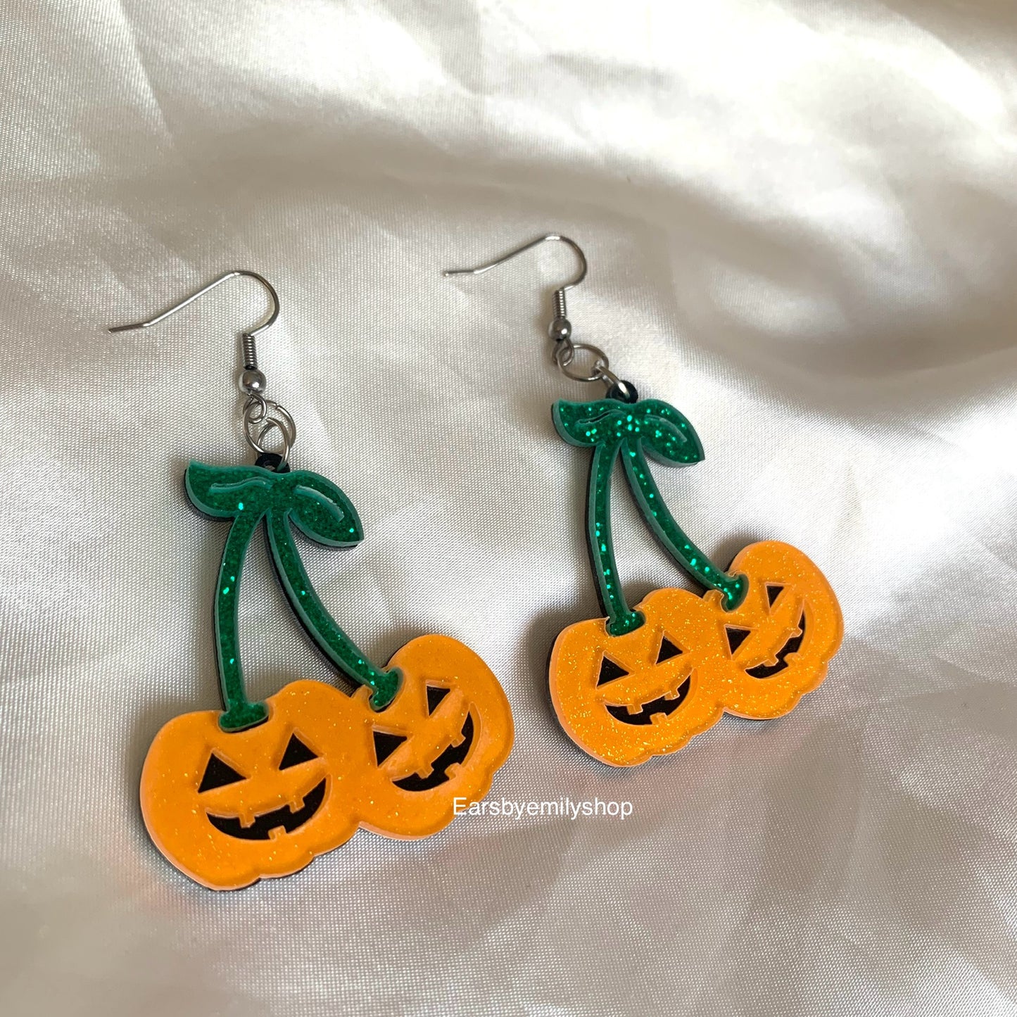 Statement pumpkin cherry glitter drop earrings