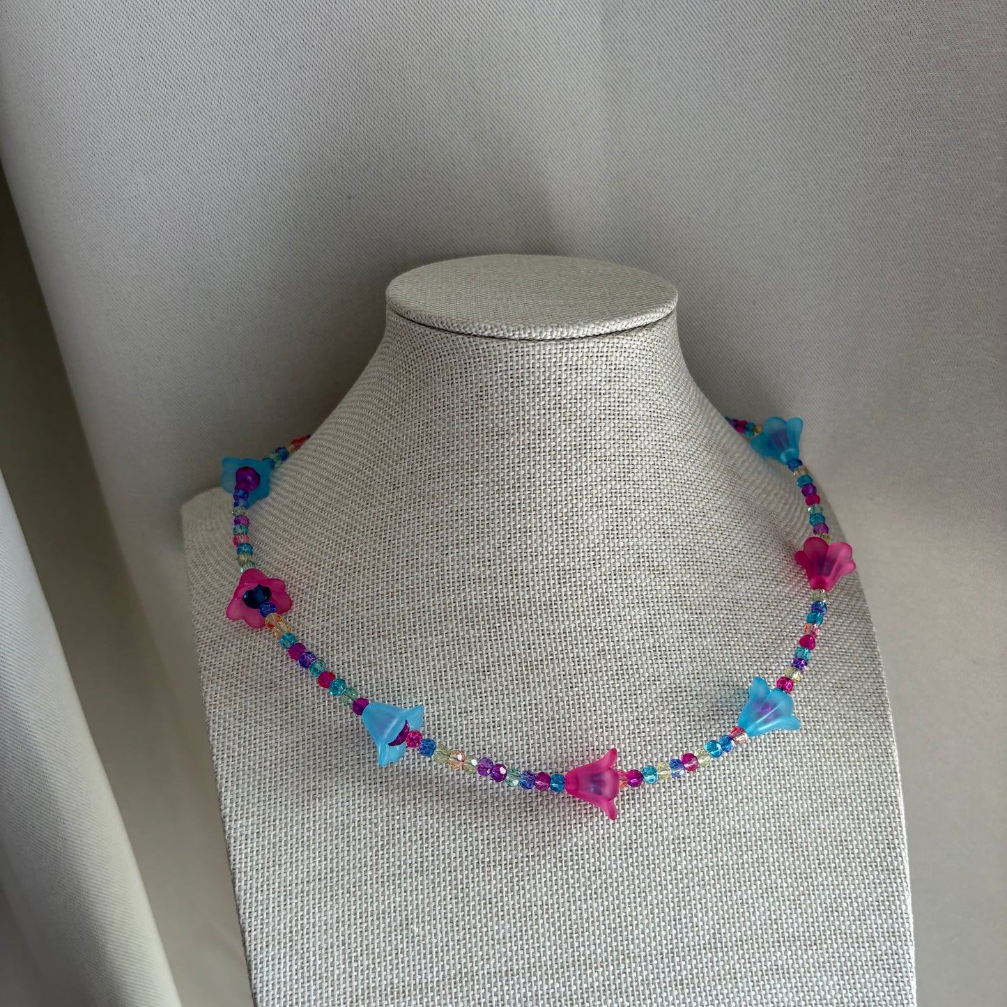 Handmade beaded pink and blue flower choker necklace