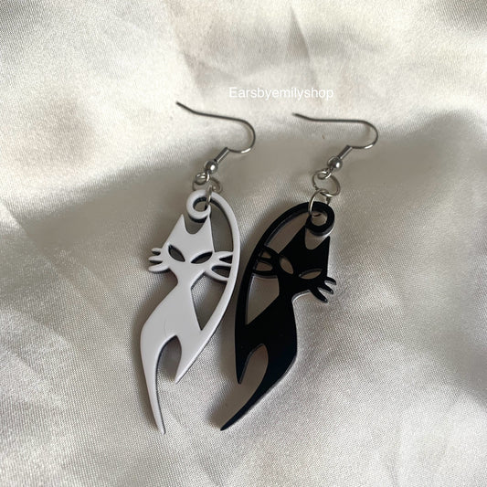 Black and white cat dangle earrings