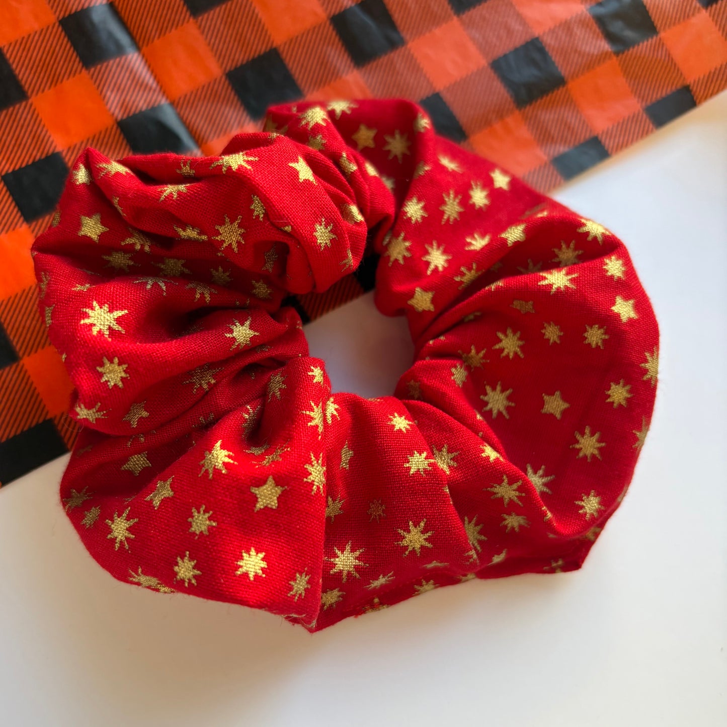 Green or red with gold glitter star Christmas large cotton scrunchie