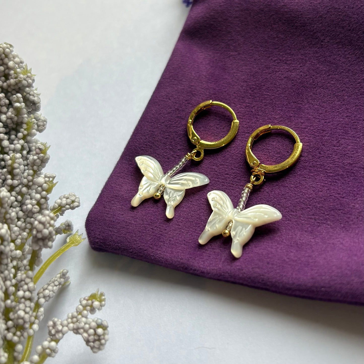 Mother of pearl beaded butterfly drop dangle gold plated huggie hoop earrings