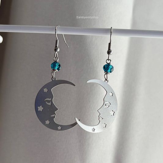Stainless steel silver statement moon face earrings with blue beads