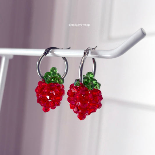 Cool beaded red and green strawberry silver stainless steel hoop earrings