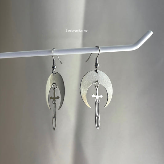 Cool stainless steel moon with swords silver earrings