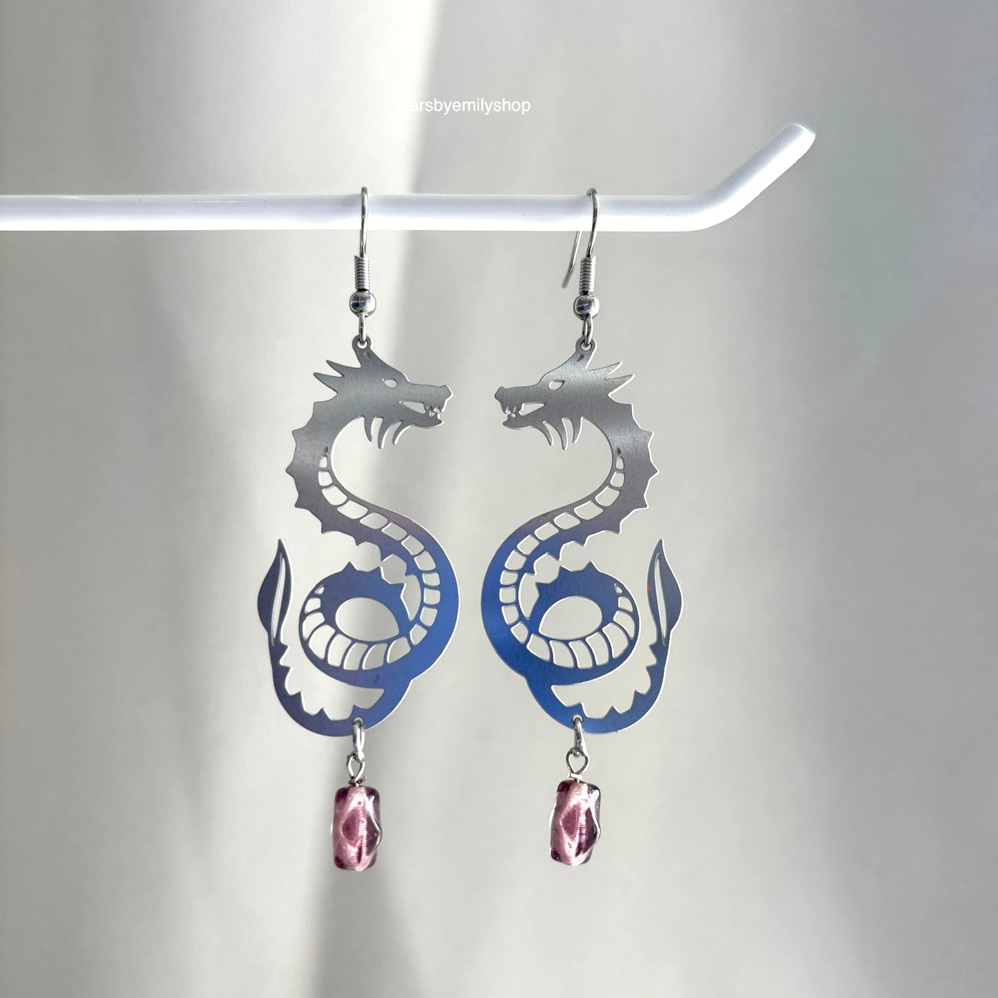 Stainless steel fantasy dragon dangle earrings with colourful bead