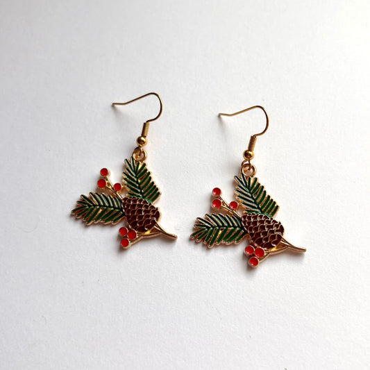 Christmas festive pinecone gold drop dangle earrings