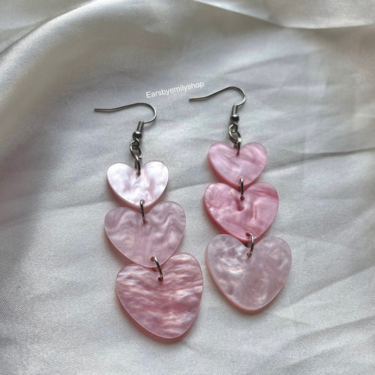 Pastel pink 3 tier heart trio silver statement earrings