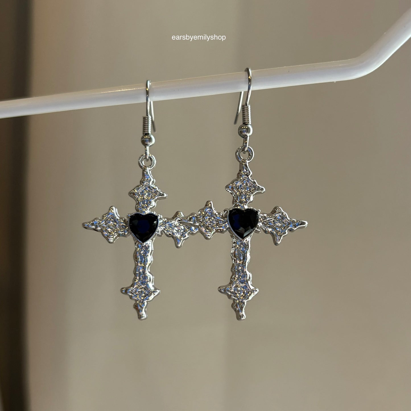 Cool silver with black heart cross drop dangle earrings on hypoallergenic surgical steel hooks