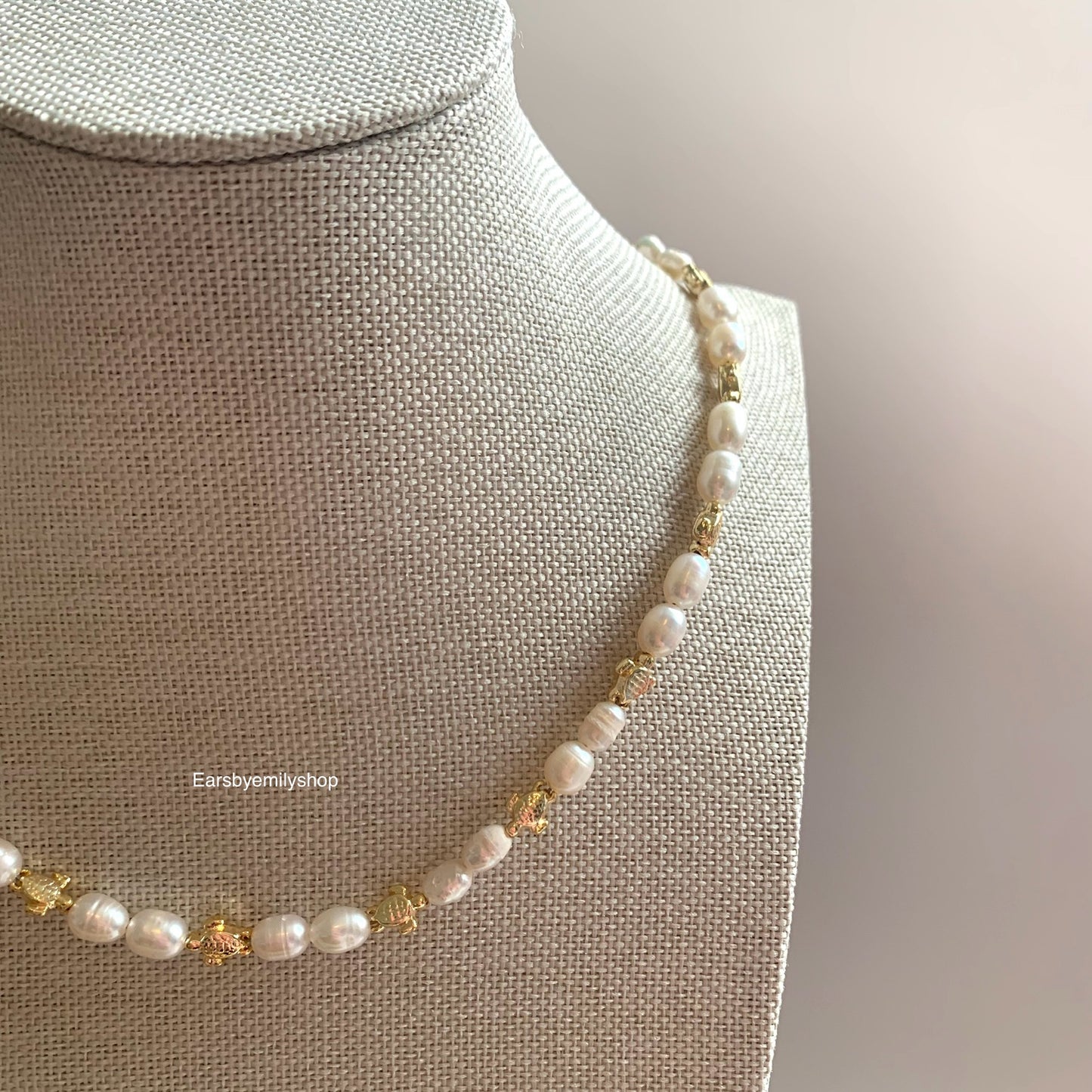 Freshwater pearl and 24kt gold plated turtle necklace