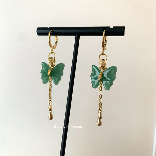 Green butterfly gold plated hoop earrings