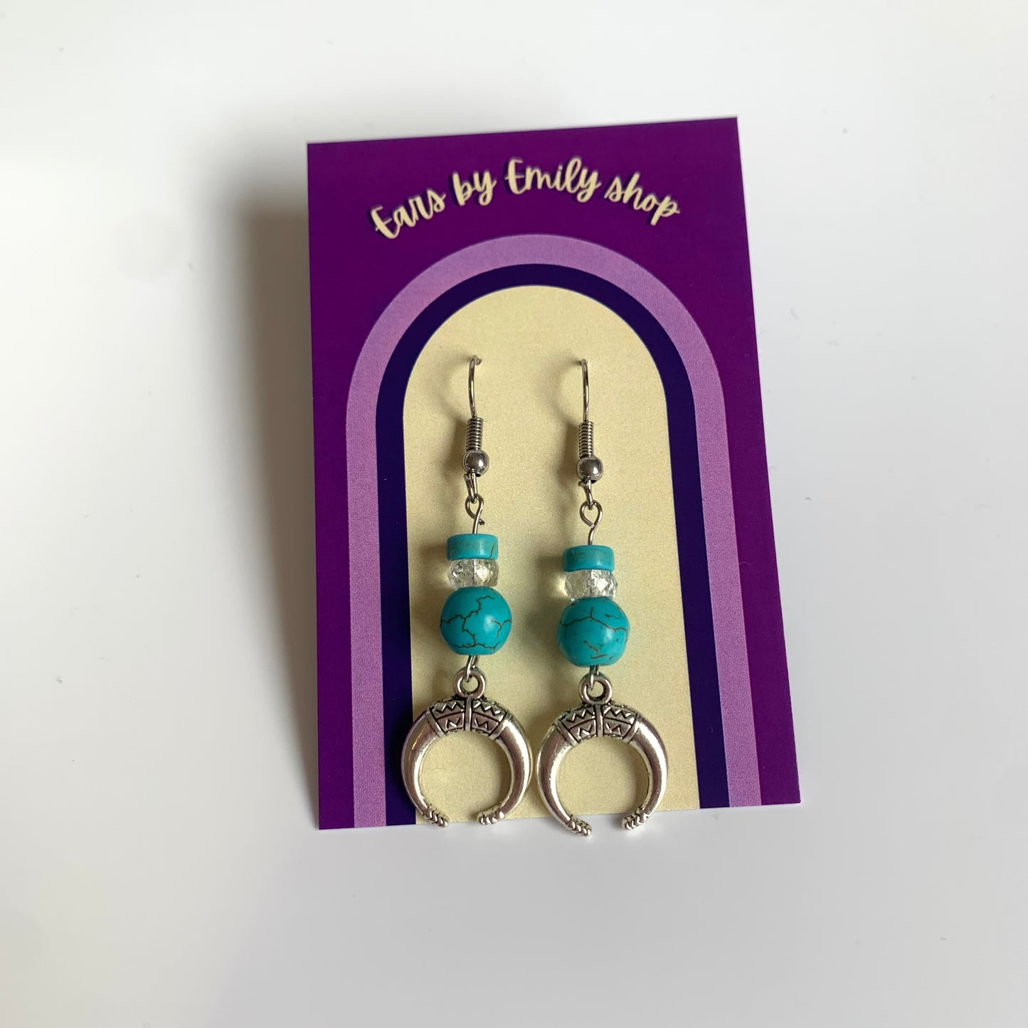 Cool silver moon with turquoise blue bead western dangle hypoallergenic earrings