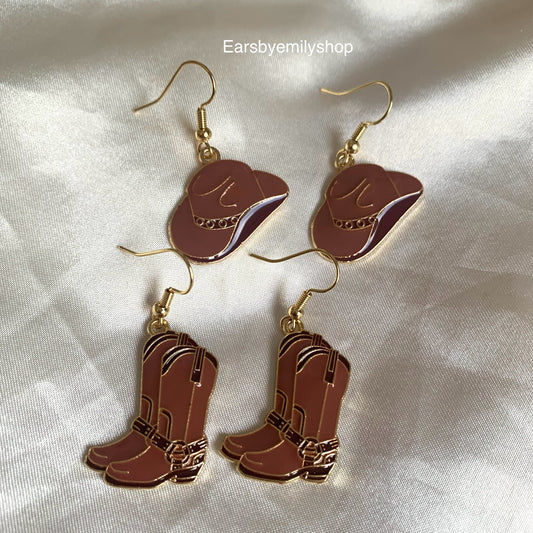 Brown cowboy boot and hat dangle gold earrings