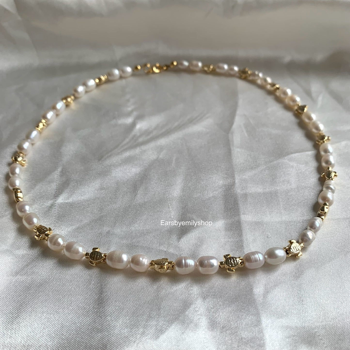 Freshwater pearl and 24kt gold plated turtle necklace