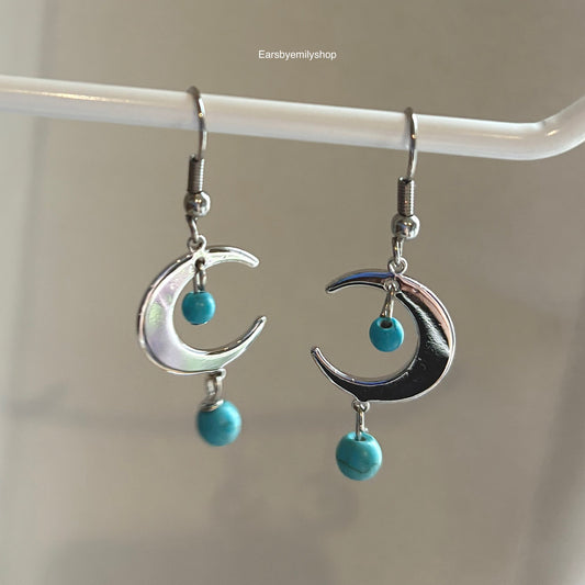 Cool silver moon with turquoise blue bead dangle hypoallergenic earrings
