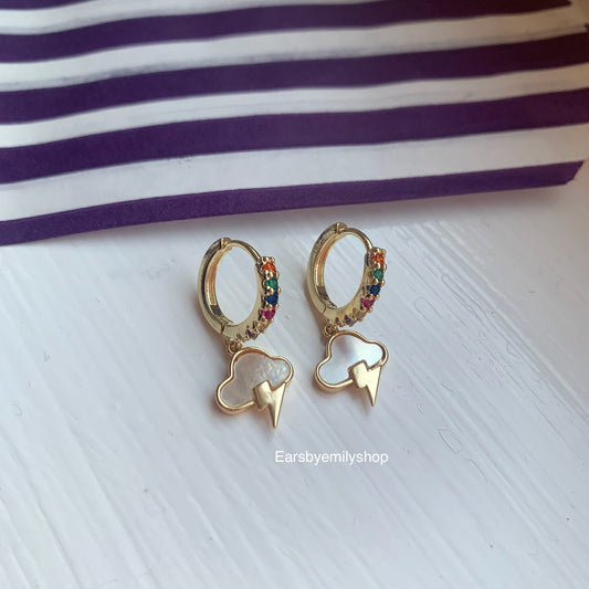 Rainbow crystal hoops with white mother of pearl thunder cloud earrings