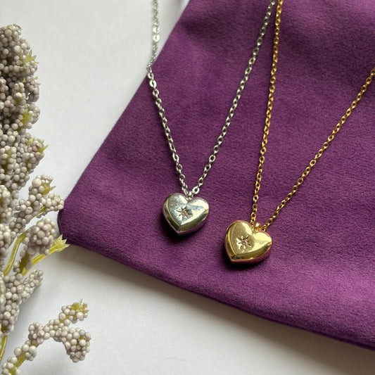 Gold or silver heart pendant with diamanté necklace