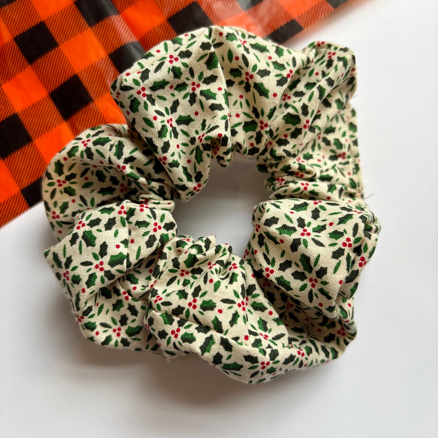 Large Christmas cream holly cotton scrunchie hair tie