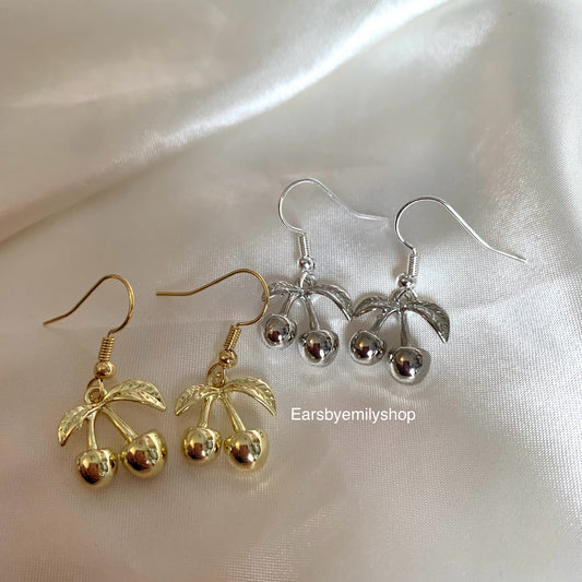 Gold or silver minimalistic cherry dangle earrings