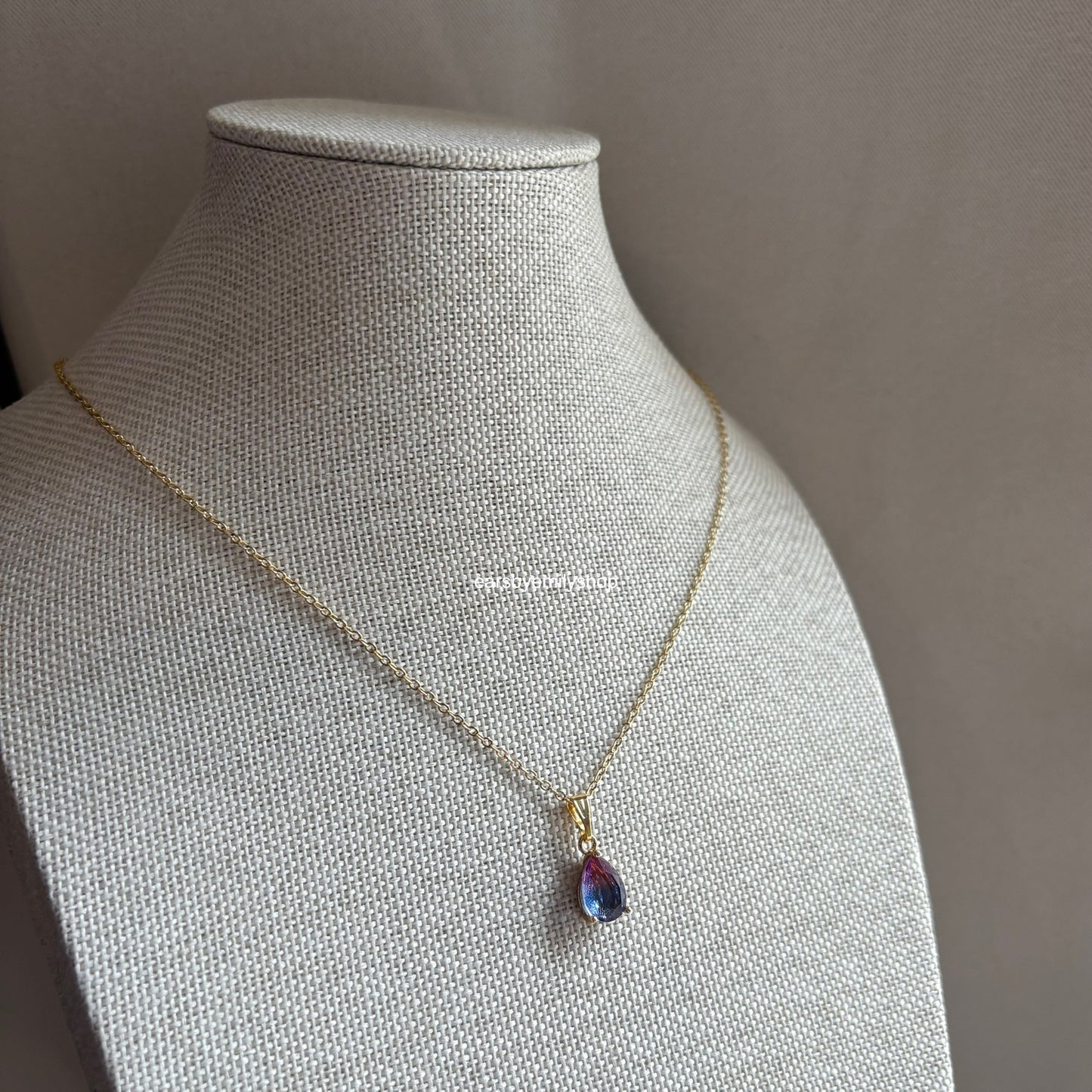 Pink and blue ombré teardrop gold plated necklace