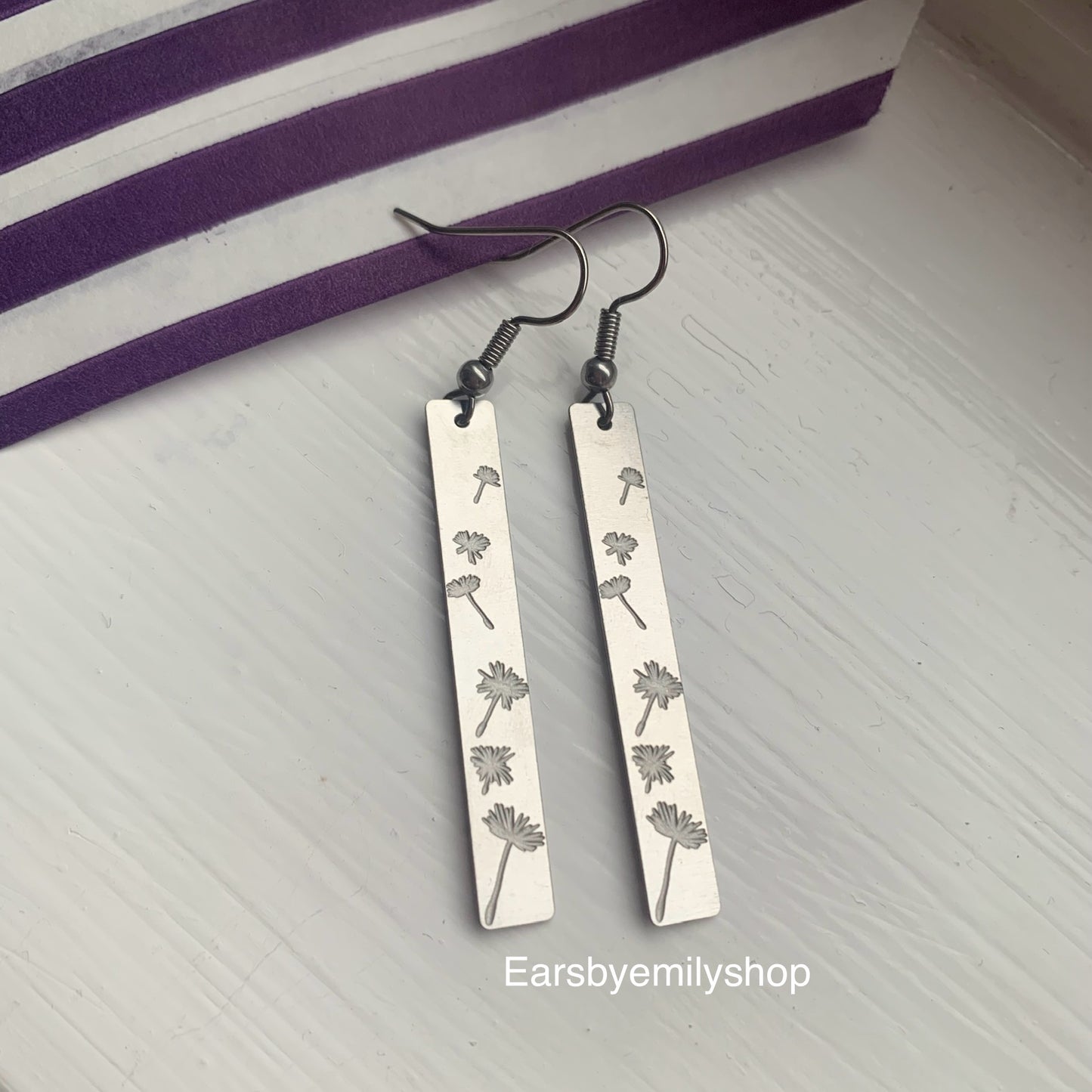 Stainless steel  rectangle with dandelion dangle earrings