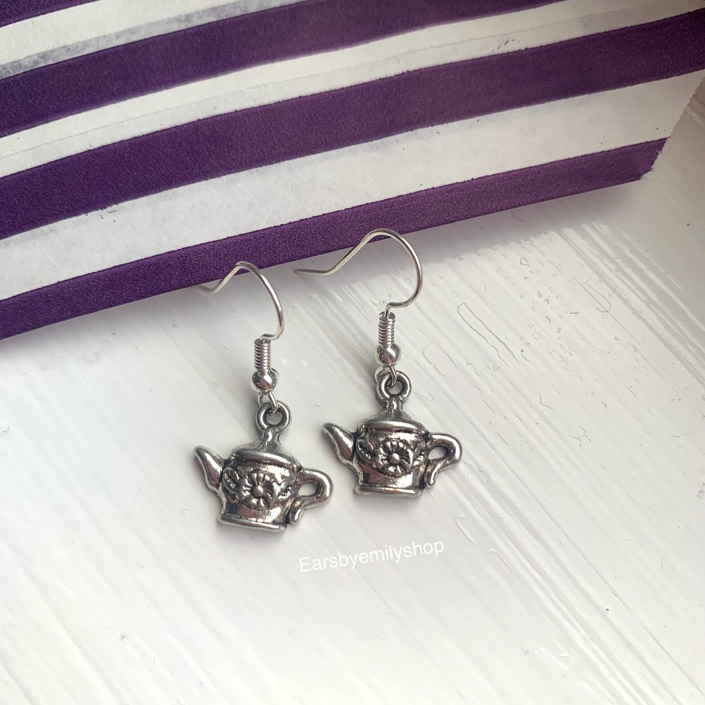 Silver tea pot dangle earrings