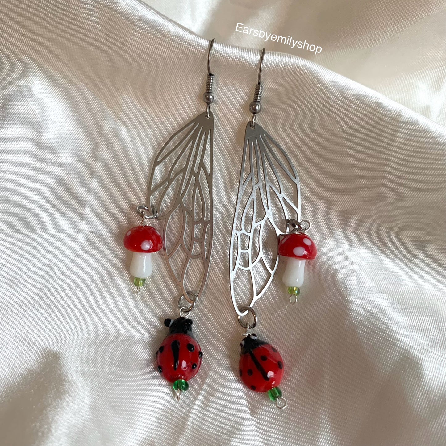 Silver stainless steel butterfly fairy wing earrings with mushrooms and ladybugs