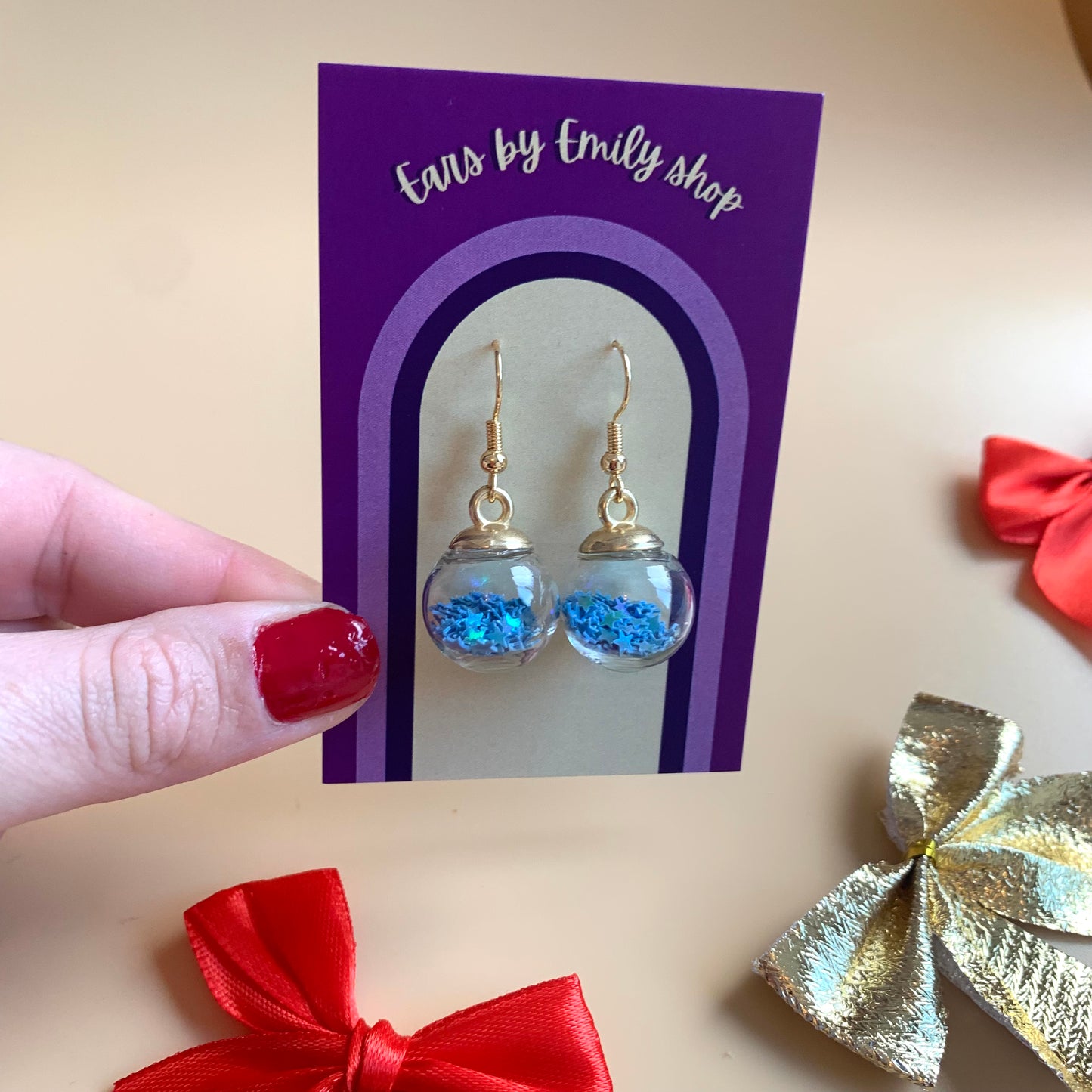 Festive blue Christmas bauble gold earrings